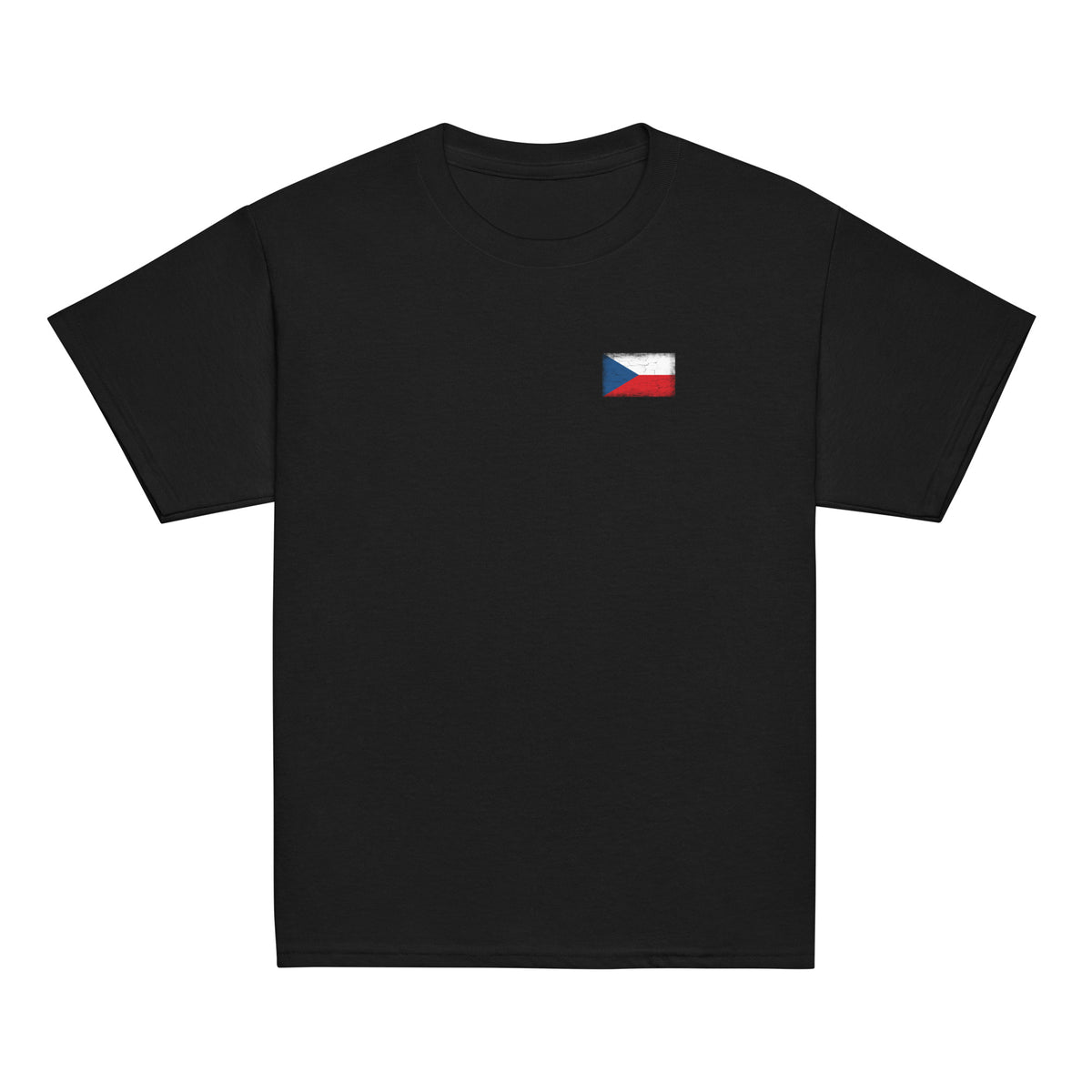 Czechia flag t-shirt in Black, vintage-washed print, small flag on the left chest, kids cut, front view