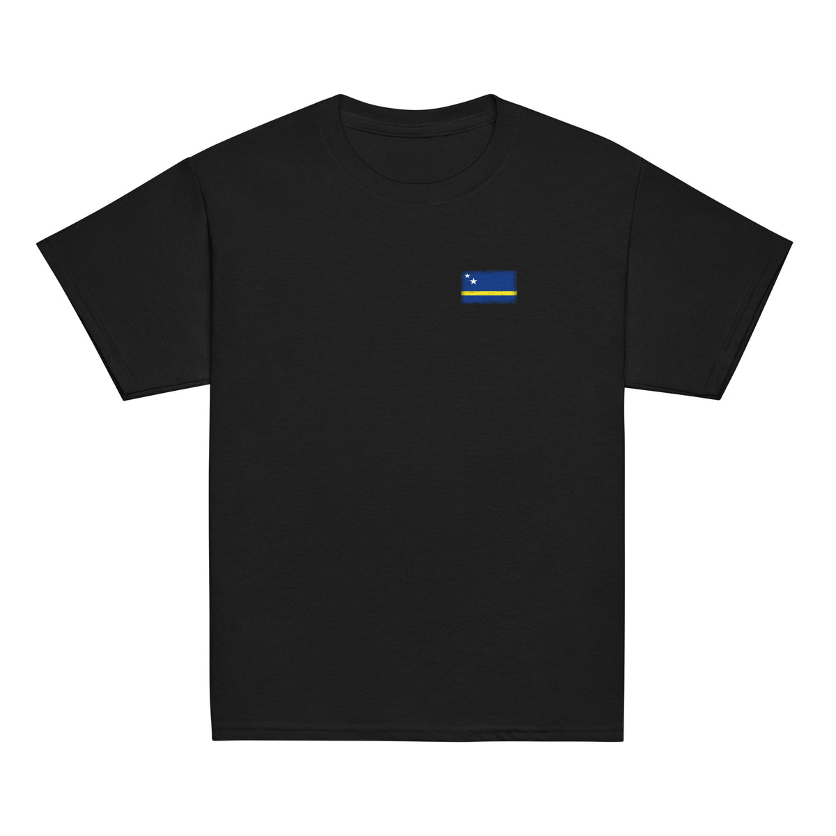 Curaçao flag t-shirt in Black, vintage-washed print, small flag on the left chest, kids cut, front view