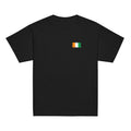 Côte d'Ivoire flag t-shirt in Black, vintage-washed print, small flag on the left chest, kids cut, front view