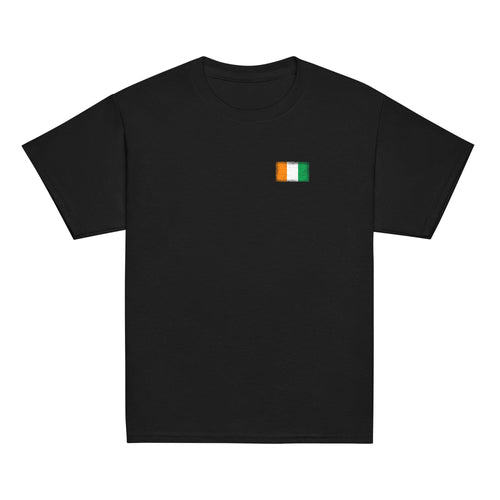 Côte d'Ivoire flag t-shirt in Black, vintage-washed print, small flag on the left chest, kids cut, front view