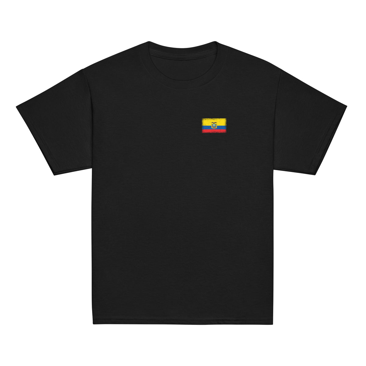 Ecuador flag t-shirt in Black, vintage-washed print, small flag on the left chest, kids cut, front view