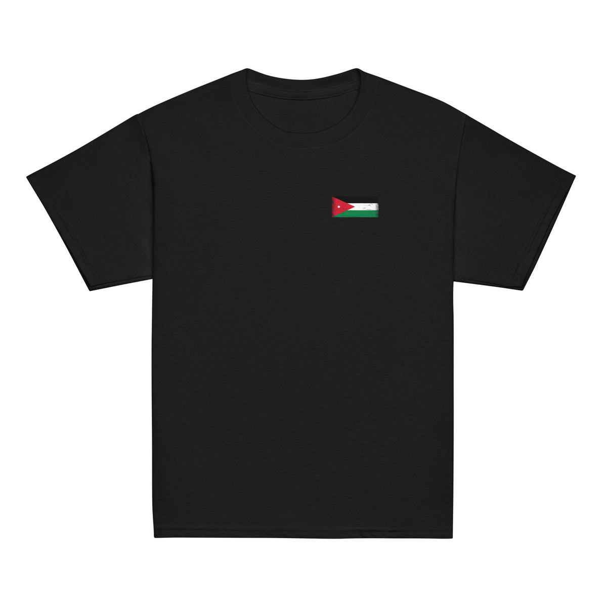 Jordan flag t-shirt in Black, vintage-washed print, small flag on the left chest, kids cut, front view