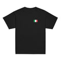 Italy flag t-shirt in Black, vintage-washed print, small flag on the left chest, kids cut, front view