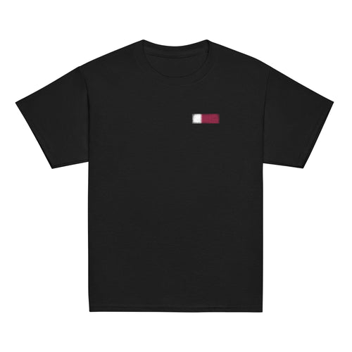 Qatar flag t-shirt in Black, vintage-washed print, small flag on the left chest, kids cut, front view