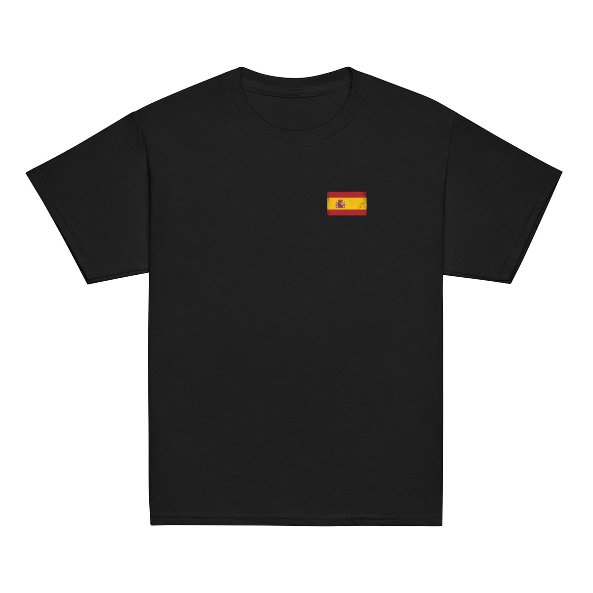 Spain flag t-shirt in Black, vintage-washed print, small flag on the left chest, kids cut, front view