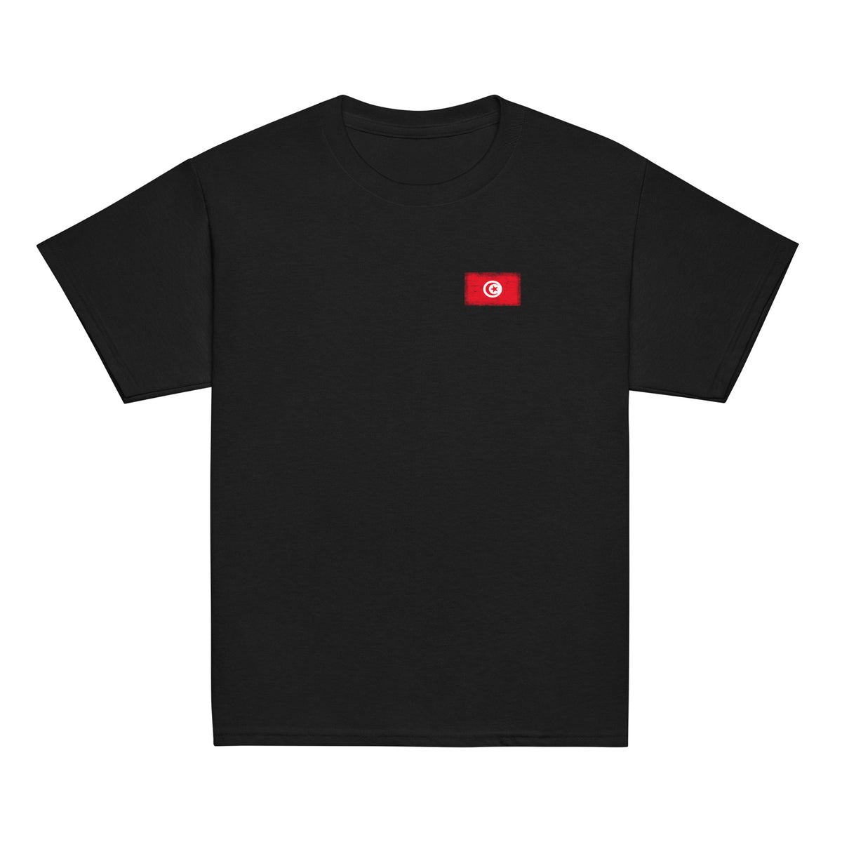 Tunisia flag t-shirt in Black, vintage-washed print, small flag on the left chest, kids cut, front view