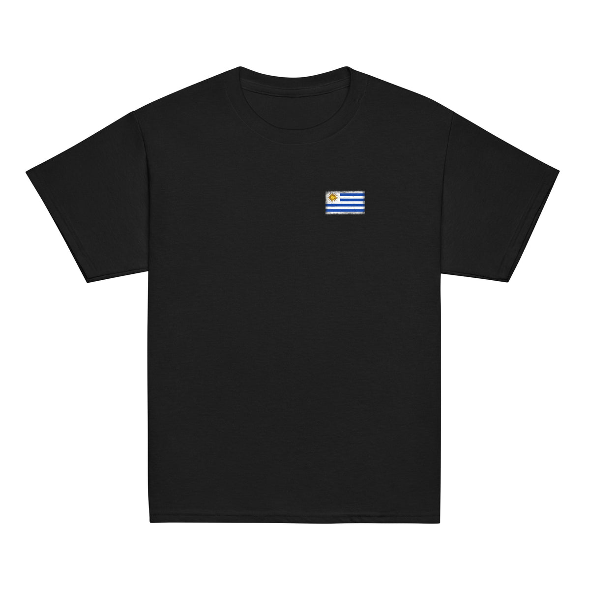 Uruguay flag t-shirt in Black, vintage-washed print, small flag on the left chest, kids cut, front view