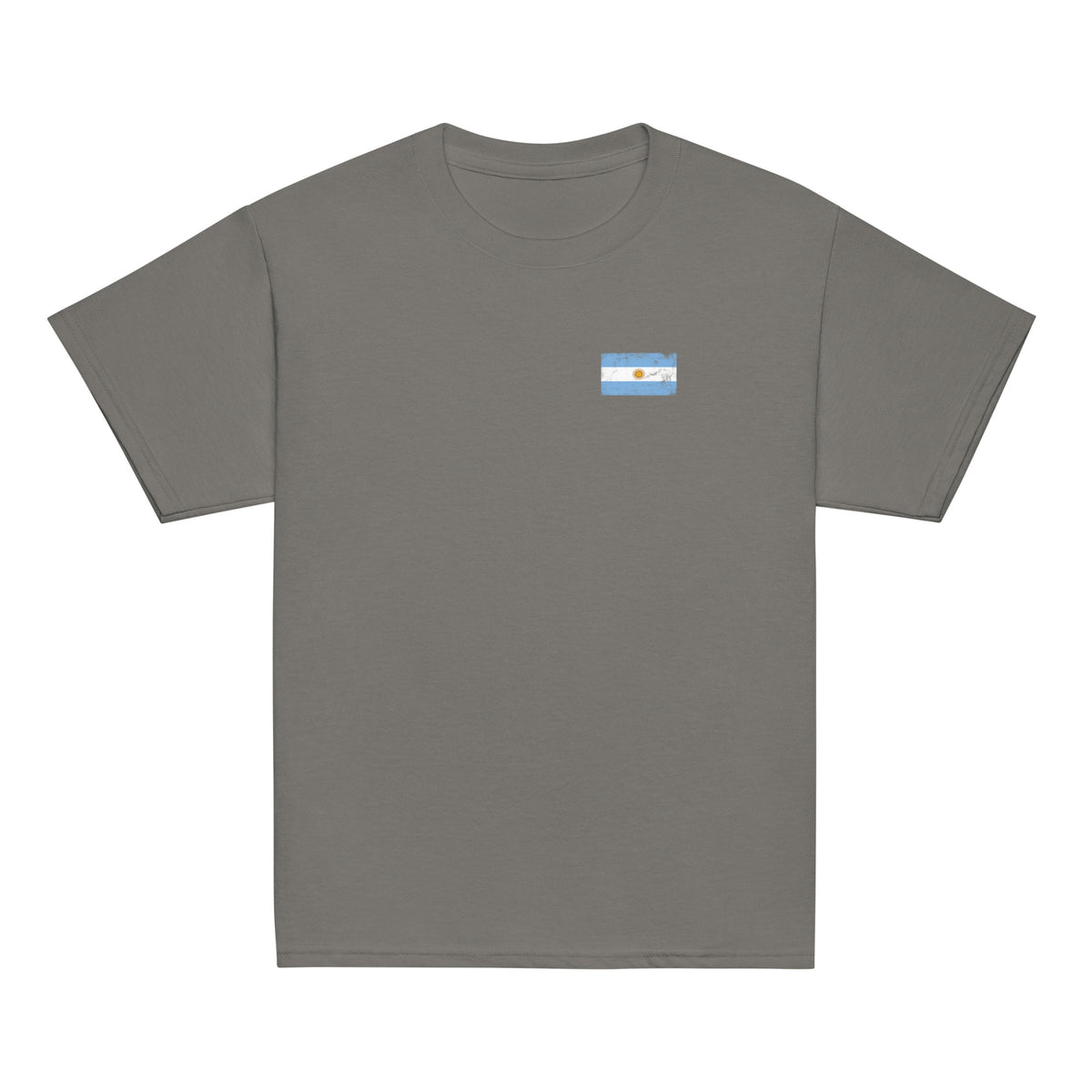 Argentina flag t-shirt in Charcoal, vintage-washed print, small flag on the left chest, kids cut, front view