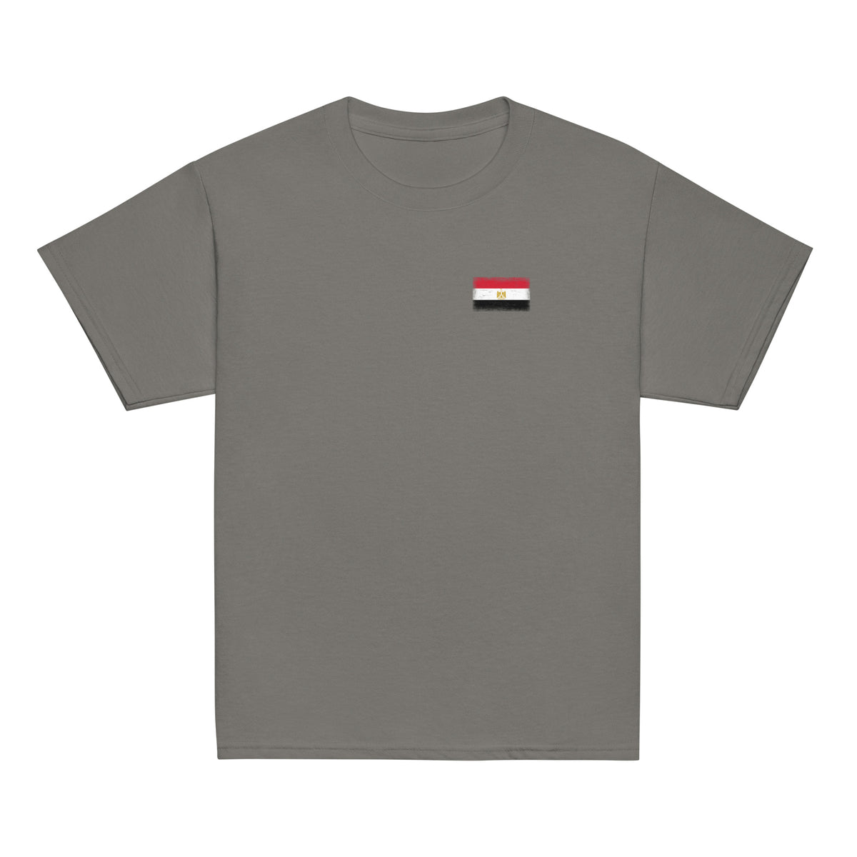 Egypt flag t-shirt in Charcoal, vintage-washed print, small flag on the left chest, kids cut, front view