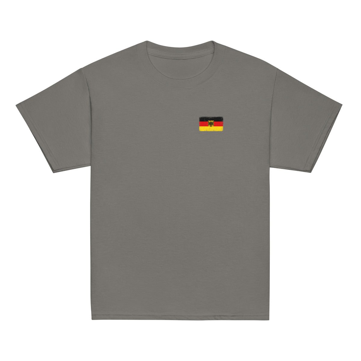 Germany flag t-shirt in Charcoal, vintage-washed print, small flag on the left chest, kids cut, front view