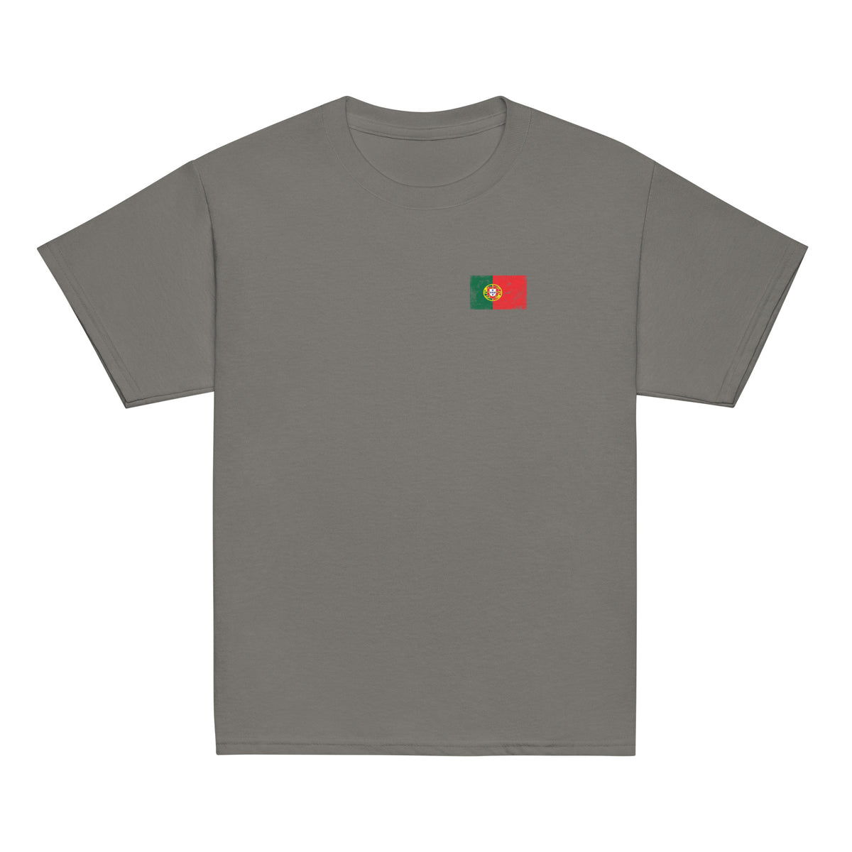 Portugal flag t-shirt in Charcoal, vintage-washed print, small flag on the left chest, kids cut, front view