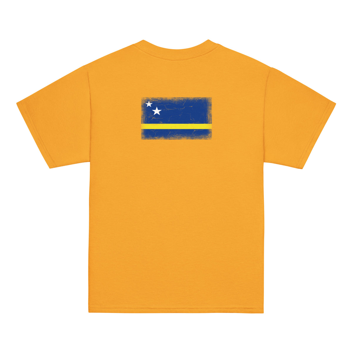 Curaçao flag t-shirt in Gold, vintage-washed print, flag across the upper back, kids cut, back view
