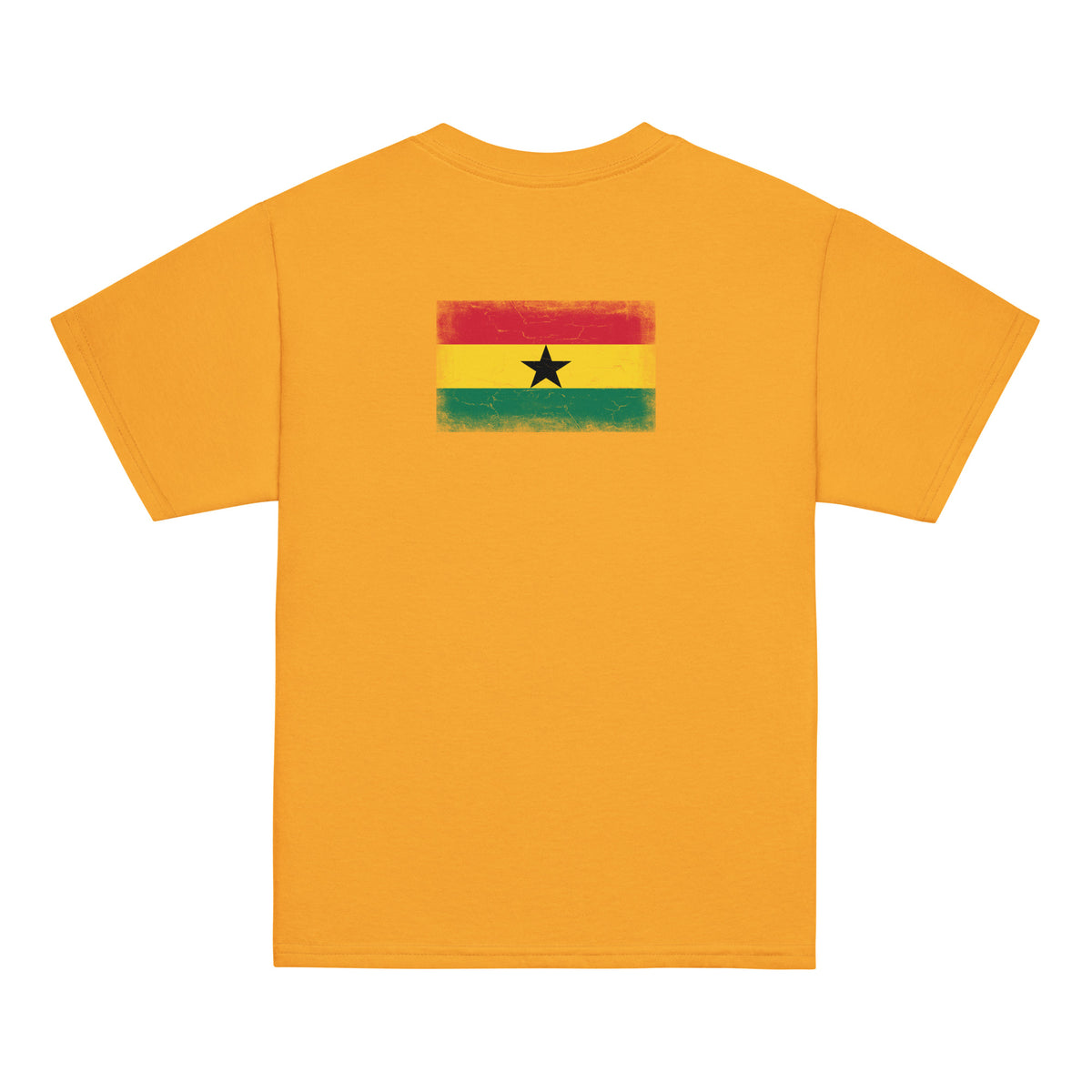 Ghana flag t-shirt in Gold, vintage-washed print, flag across the upper back, kids cut, back view