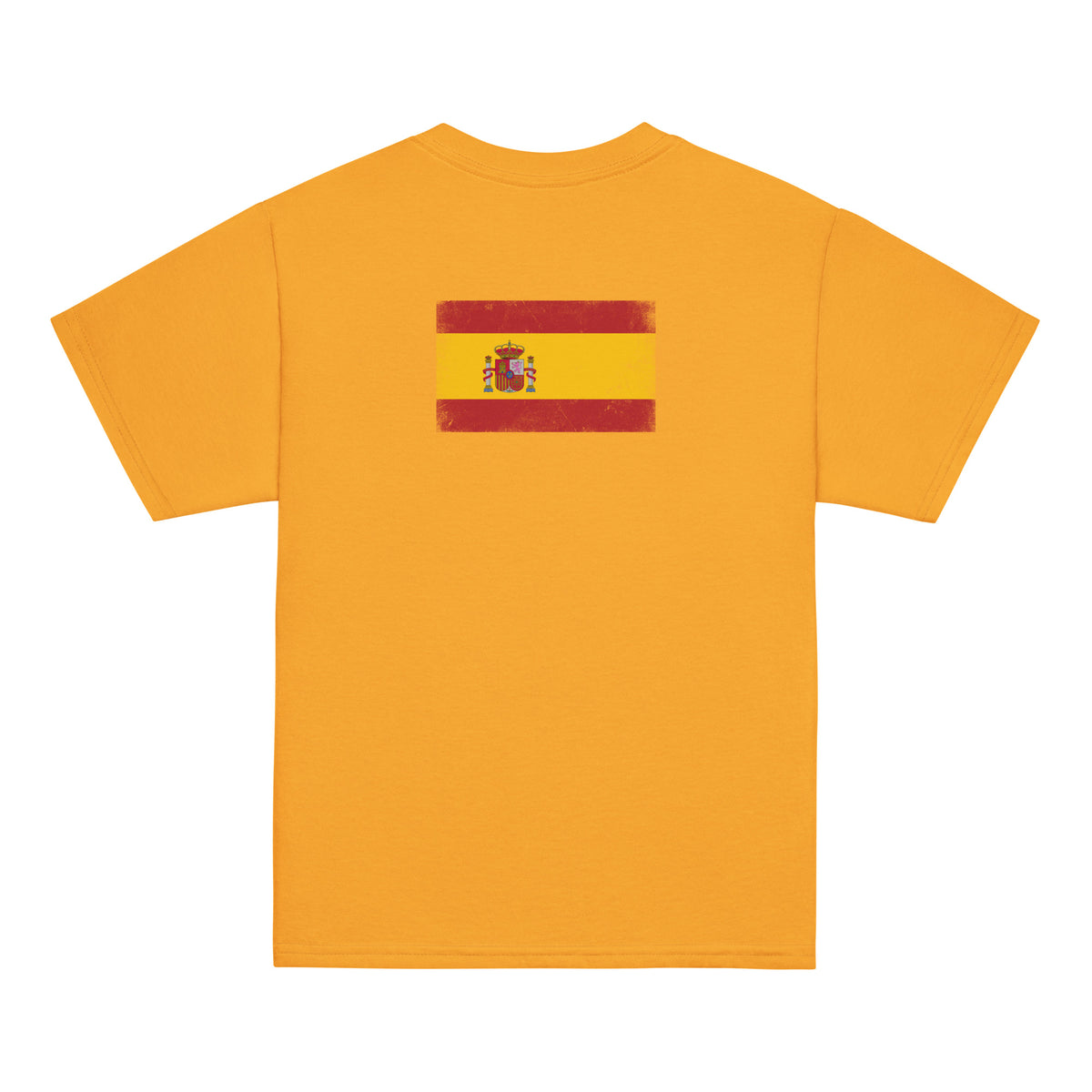 Spain flag t-shirt in Gold, vintage-washed print, flag across the upper back, kids cut, back view