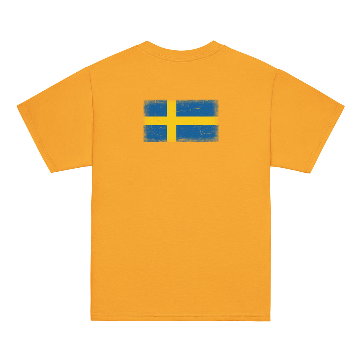 Sweden flag t-shirt in Gold, vintage-washed print, flag across the upper back, kids cut, back view