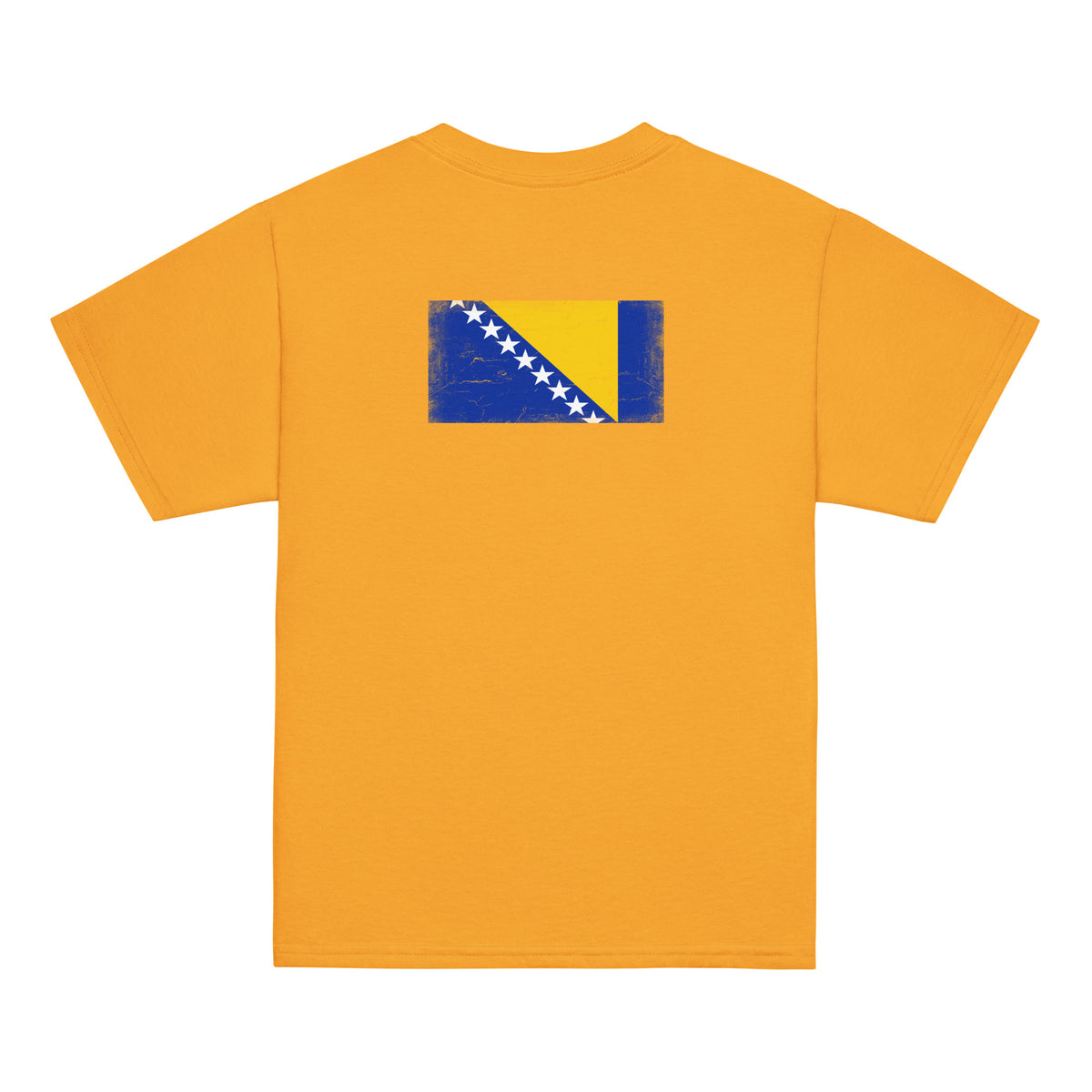 Bosnia and Herzegovina flag t-shirt in Gold, vintage-washed print, flag across the upper back, kids cut, back view