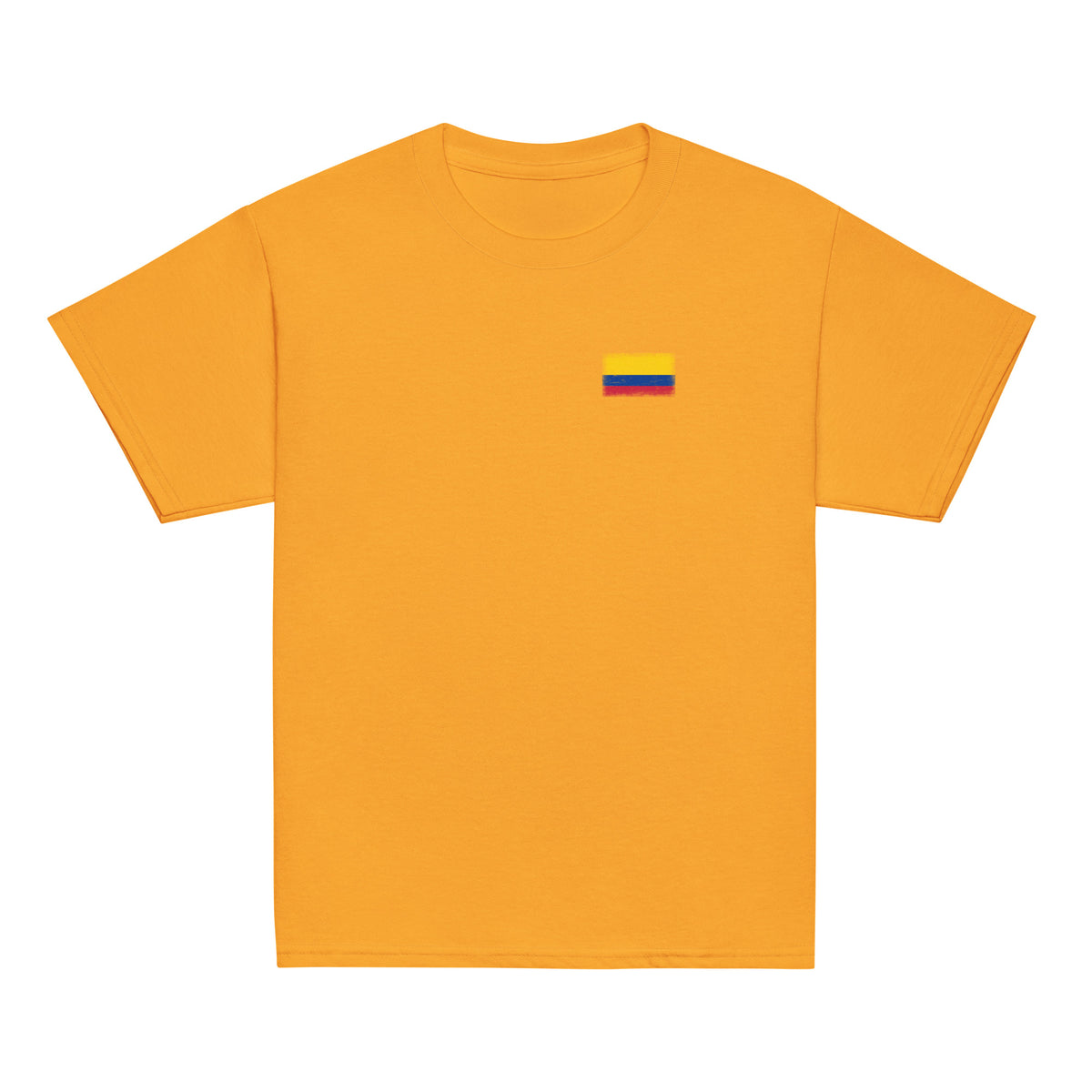 Colombia flag t-shirt in Gold, vintage-washed print, small flag on the left chest, kids cut, front view