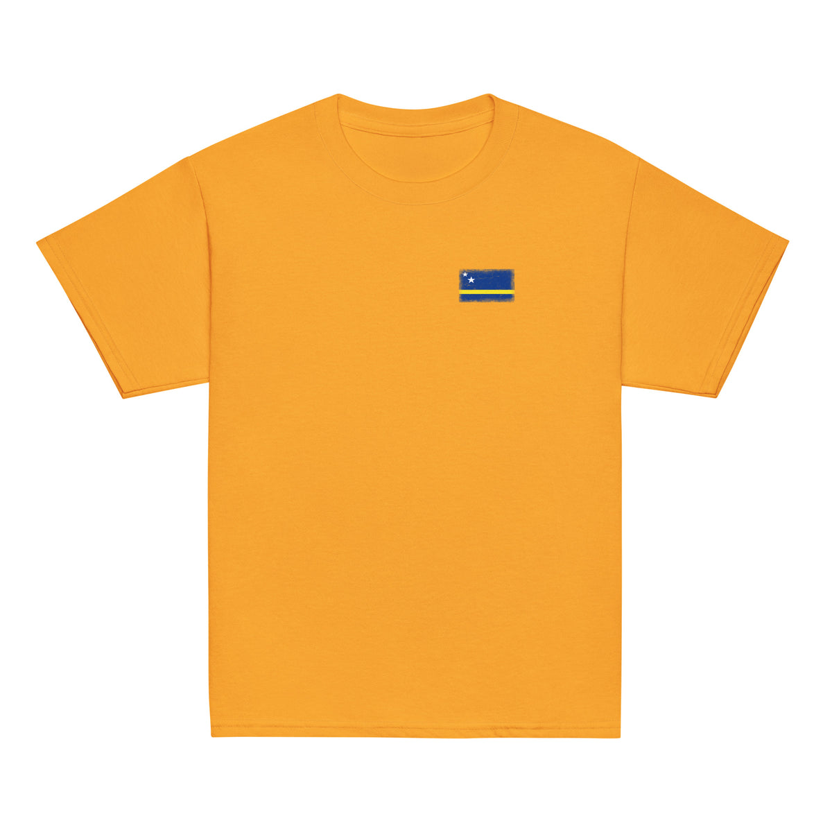 Curaçao flag t-shirt in Gold, vintage-washed print, small flag on the left chest, kids cut, front view