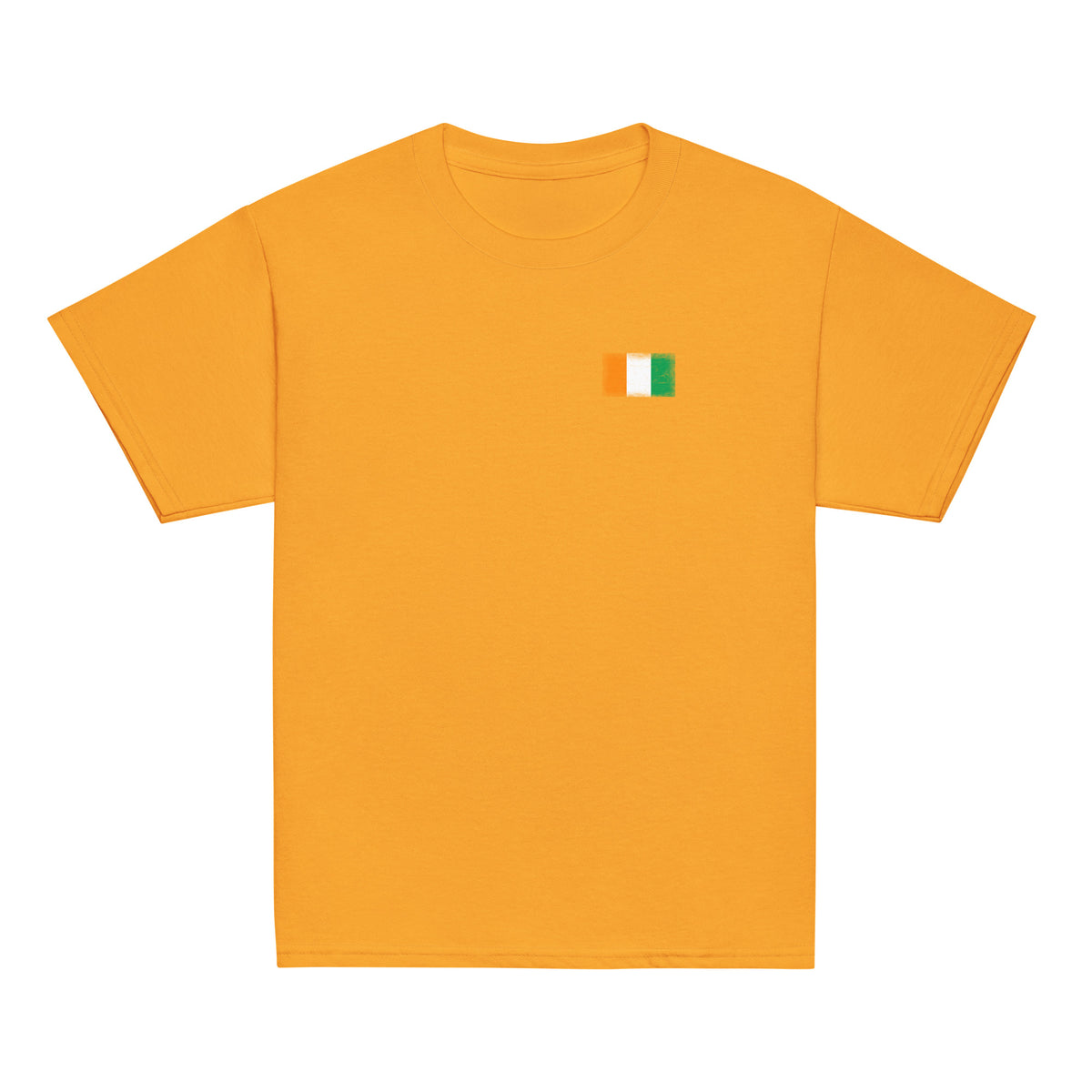 Côte d'Ivoire flag t-shirt in Gold, vintage-washed print, small flag on the left chest, kids cut, front view