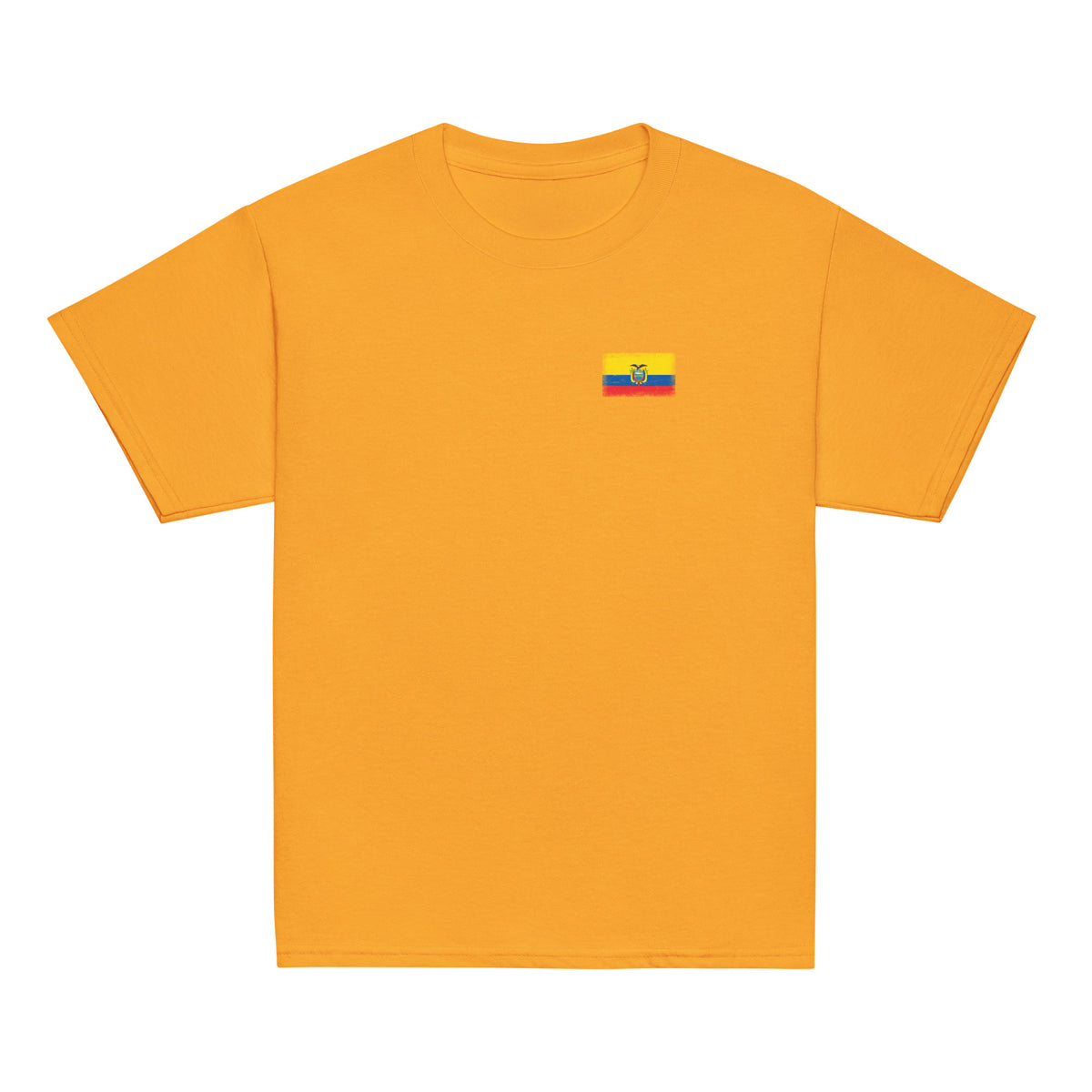 Ecuador flag t-shirt in Gold, vintage-washed print, small flag on the left chest, kids cut, front view