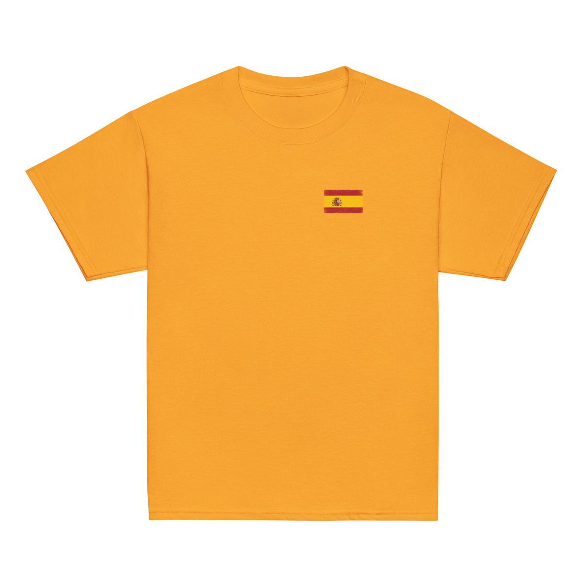 Spain flag t-shirt in Gold, vintage-washed print, small flag on the left chest, kids cut, front view