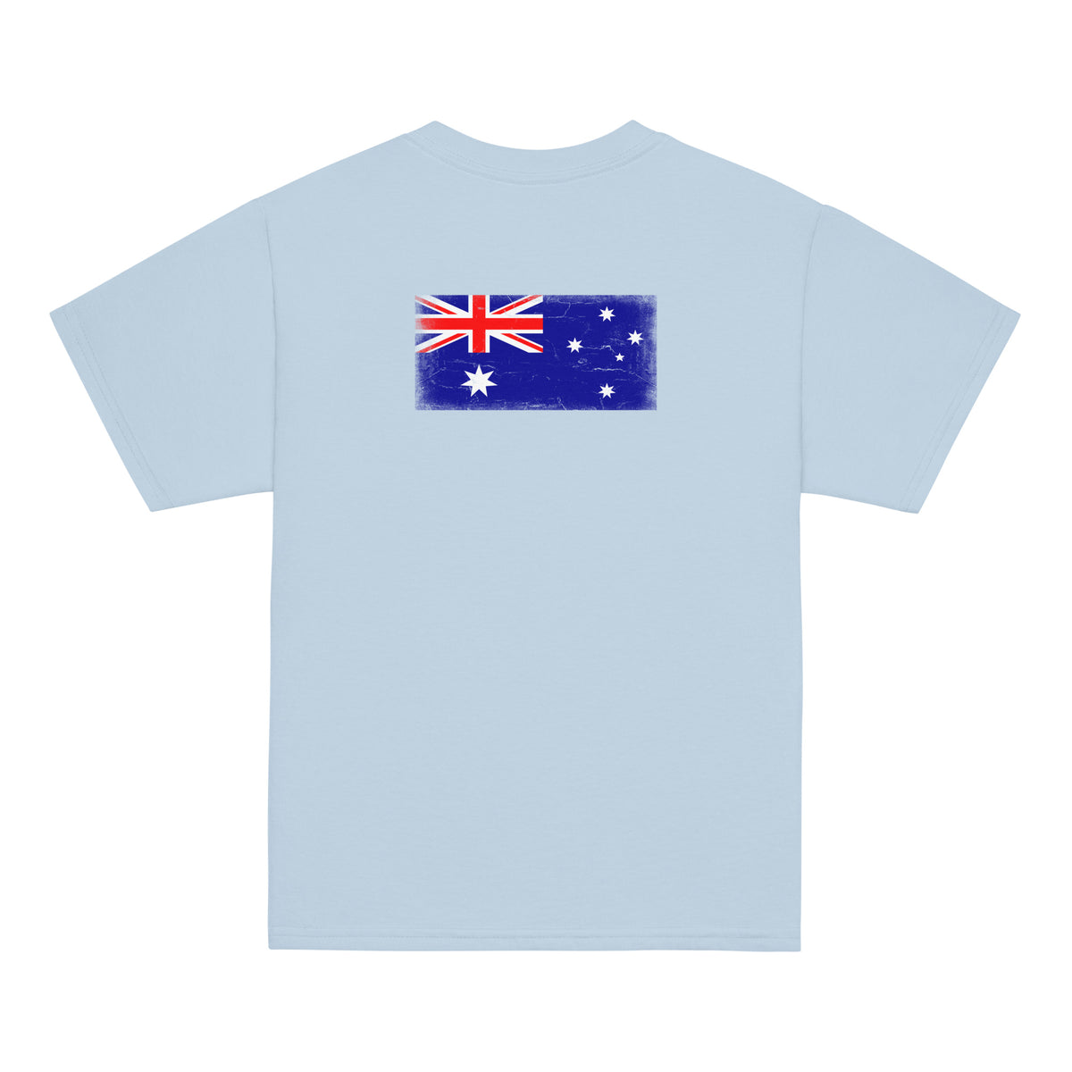 Australia flag t-shirt in Light Blue, vintage-washed print, flag across the upper back, kids cut, back view