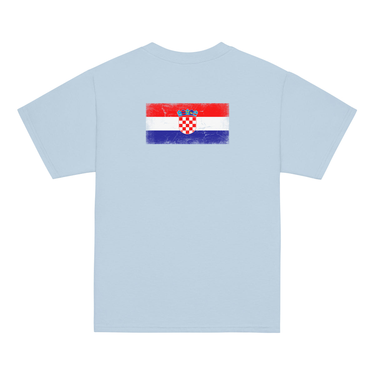 Croatia flag t-shirt in Light Blue, vintage-washed print, flag across the upper back, kids cut, back view