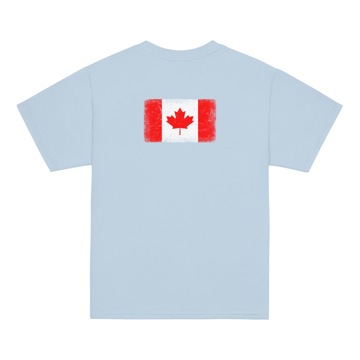 Canada flag t-shirt in Light Blue, vintage-washed print, flag across the upper back, kids cut, back view