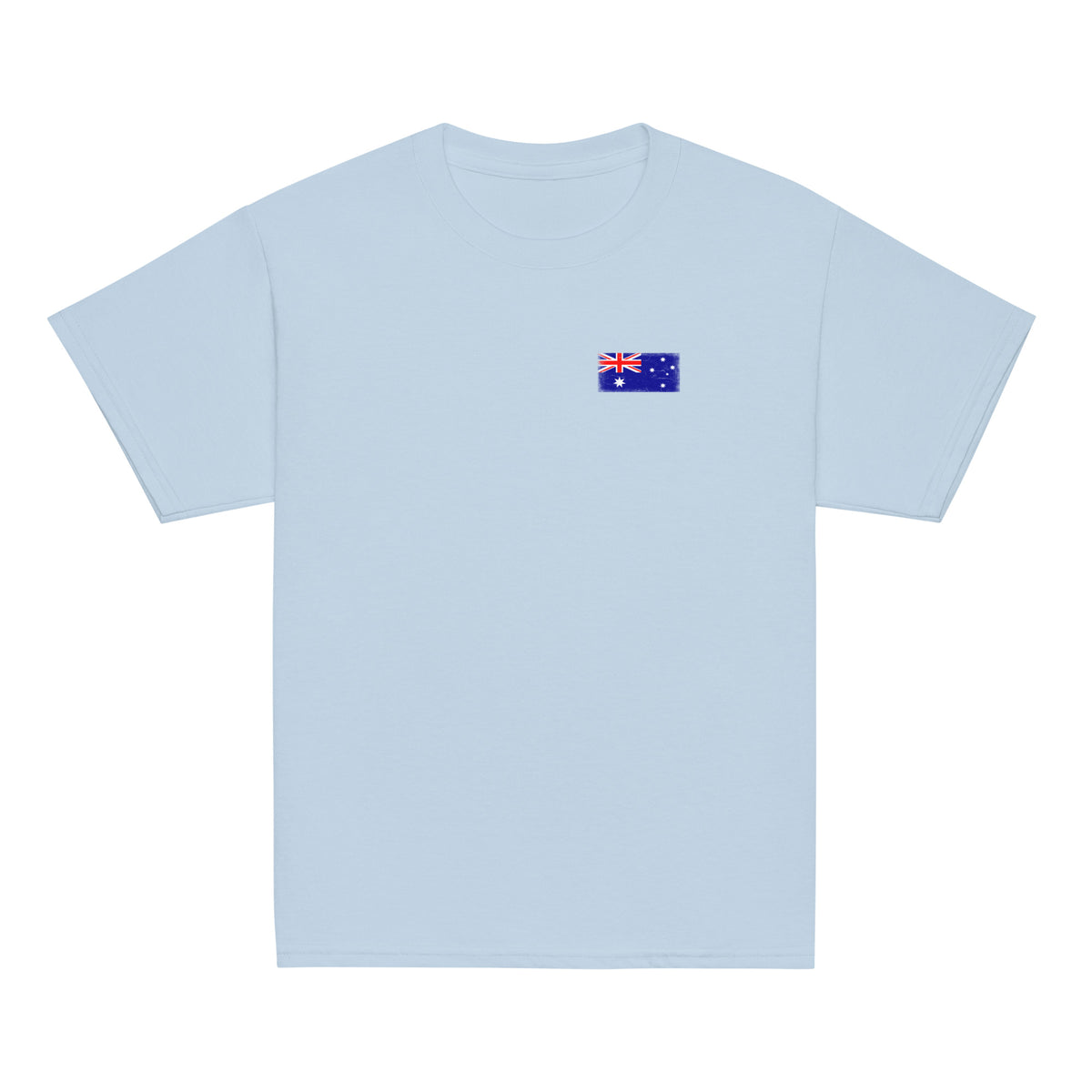 Australia flag t-shirt in Light Blue, vintage-washed print, small flag on the left chest, kids cut, front view