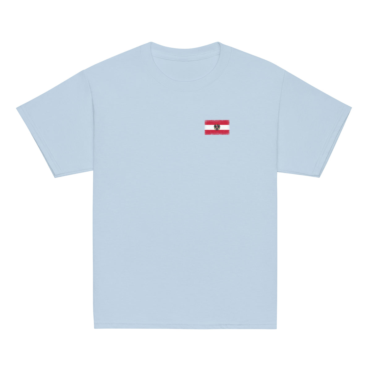 Austria flag t-shirt in Light Blue, vintage-washed print, small flag on the left chest, kids cut, front view