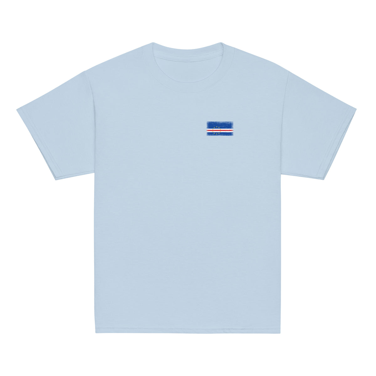 Cape Verde flag t-shirt in Light Blue, vintage-washed print, small flag on the left chest, kids cut, front view