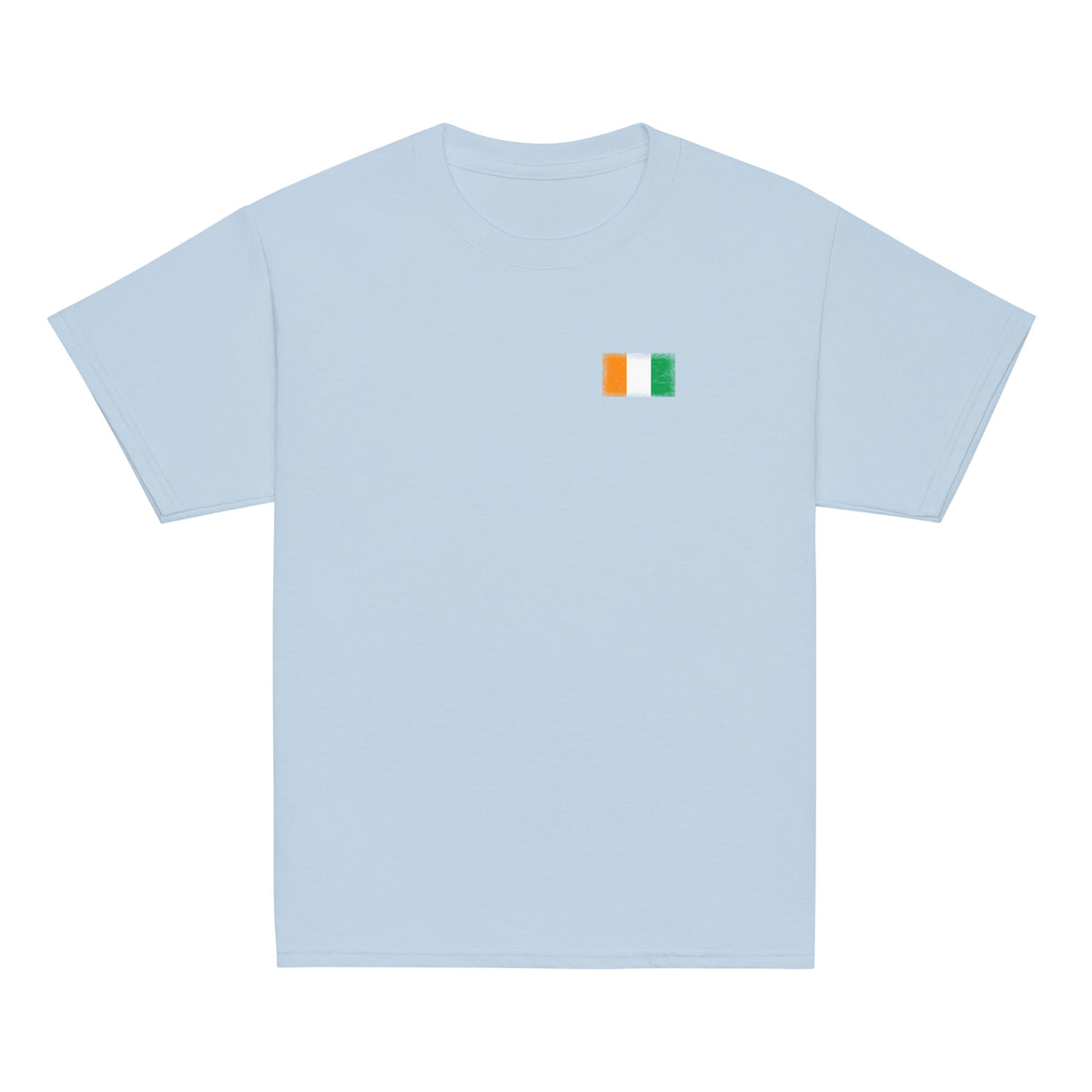 Côte d'Ivoire flag t-shirt in Light Blue, vintage-washed print, small flag on the left chest, kids cut, front view