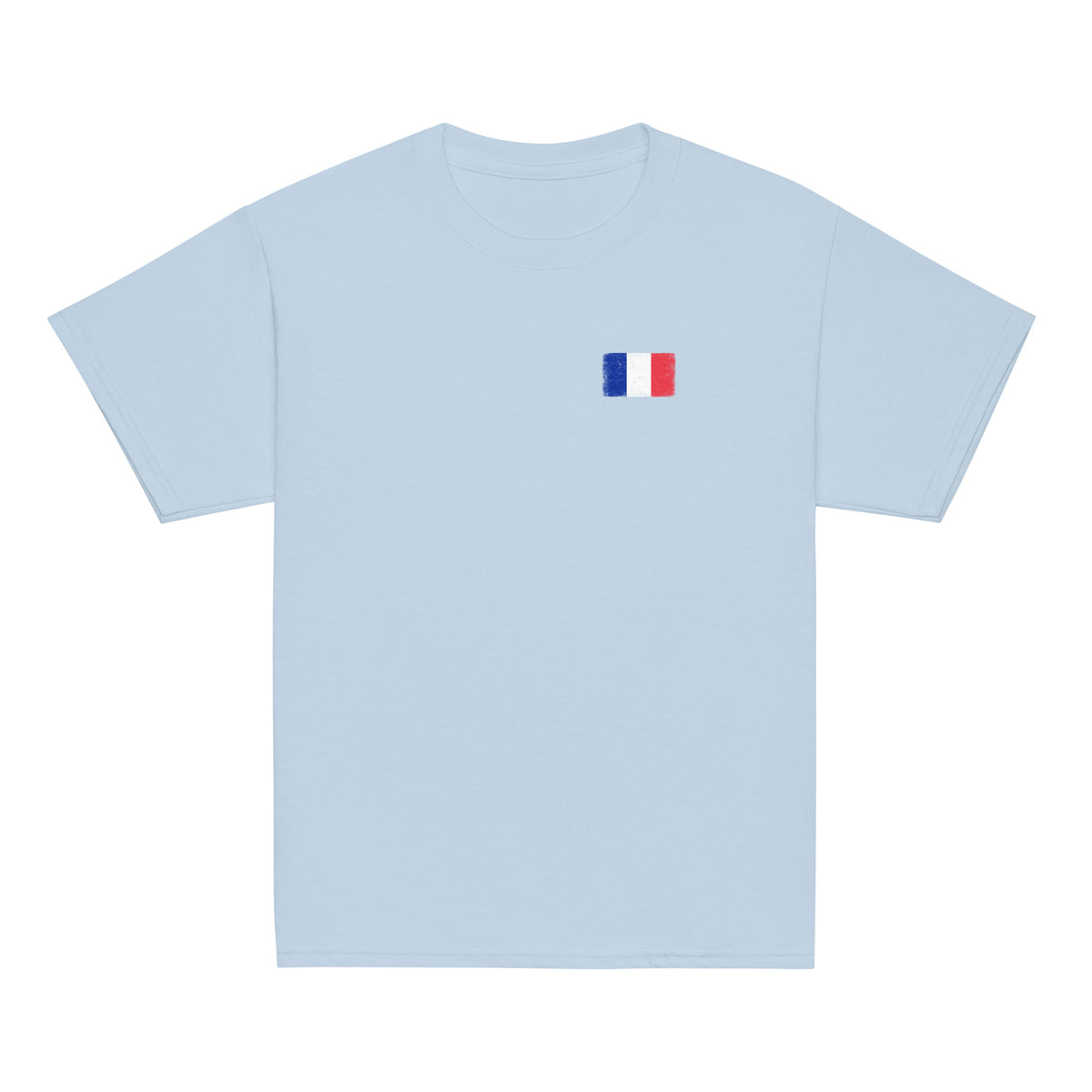 France flag t-shirt in Light Blue, vintage-washed print, small flag on the left chest, kids cut, front view