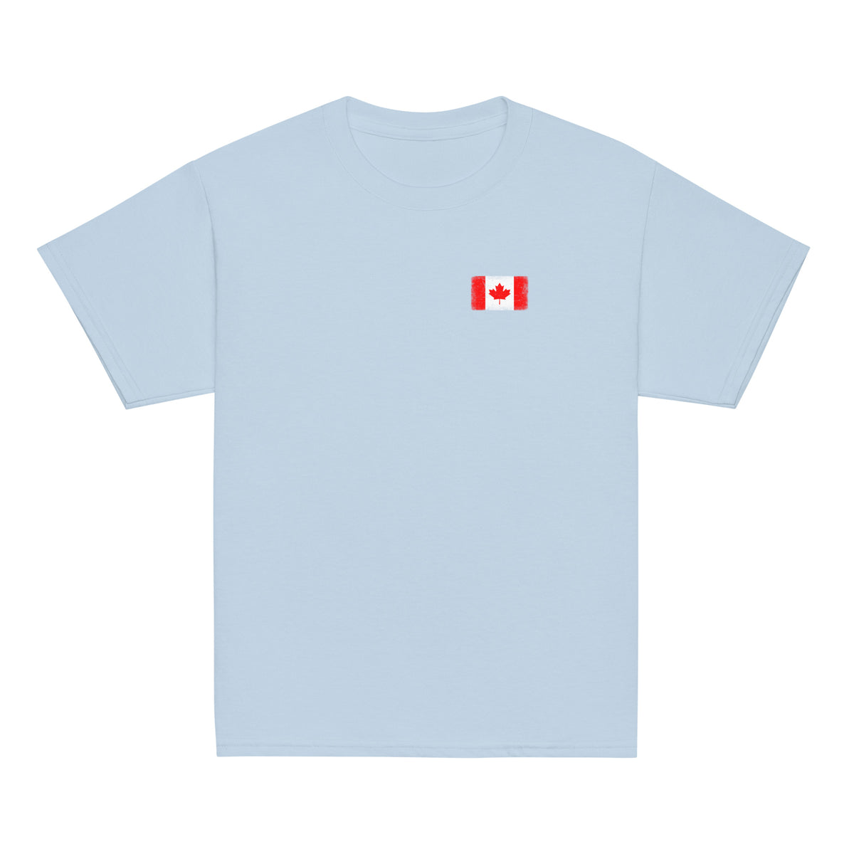 Canada flag t-shirt in Light Blue, vintage-washed print, small flag on the left chest, kids cut, front view