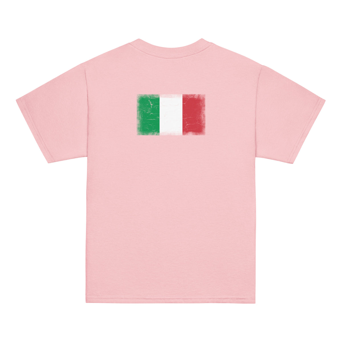 Italy flag t-shirt in Light Pink, vintage-washed print, flag across the upper back, kids cut, back view