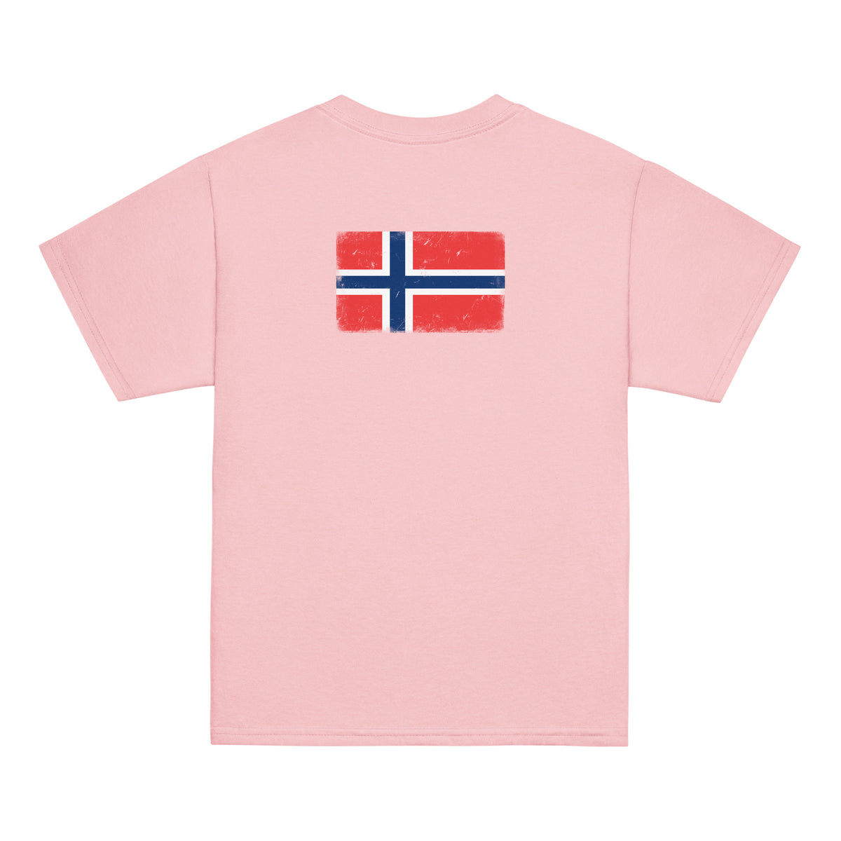 Norway flag t-shirt in Light Pink, vintage-washed print, flag across the upper back, kids cut, back view
