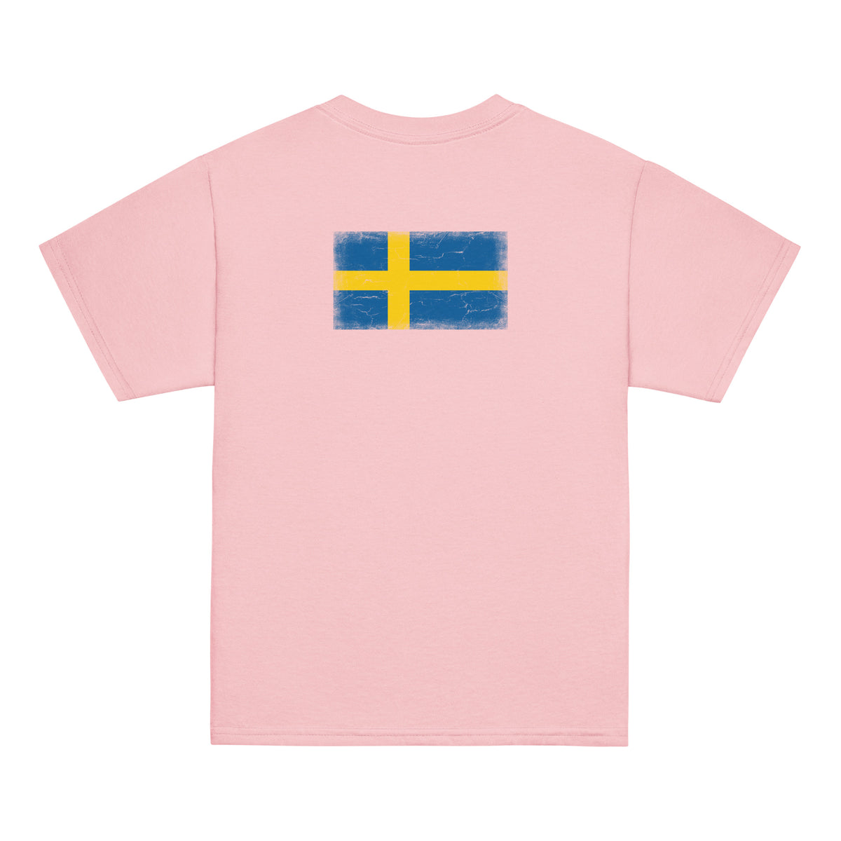 Sweden flag t-shirt in Light Pink, vintage-washed print, flag across the upper back, kids cut, back view