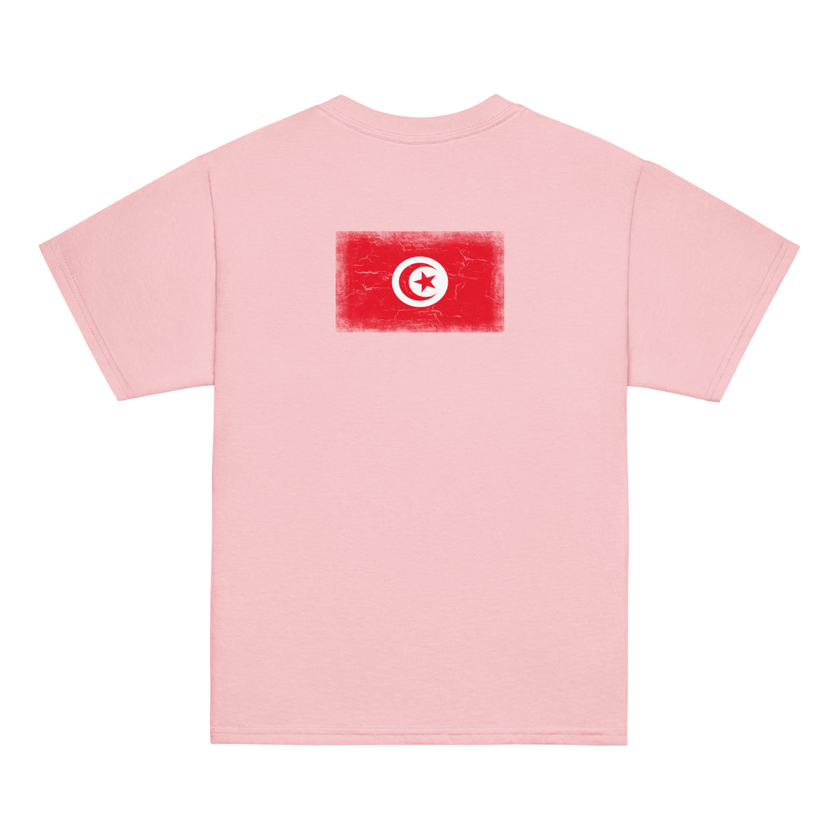 Tunisia flag t-shirt in Light Pink, vintage-washed print, flag across the upper back, kids cut, back view