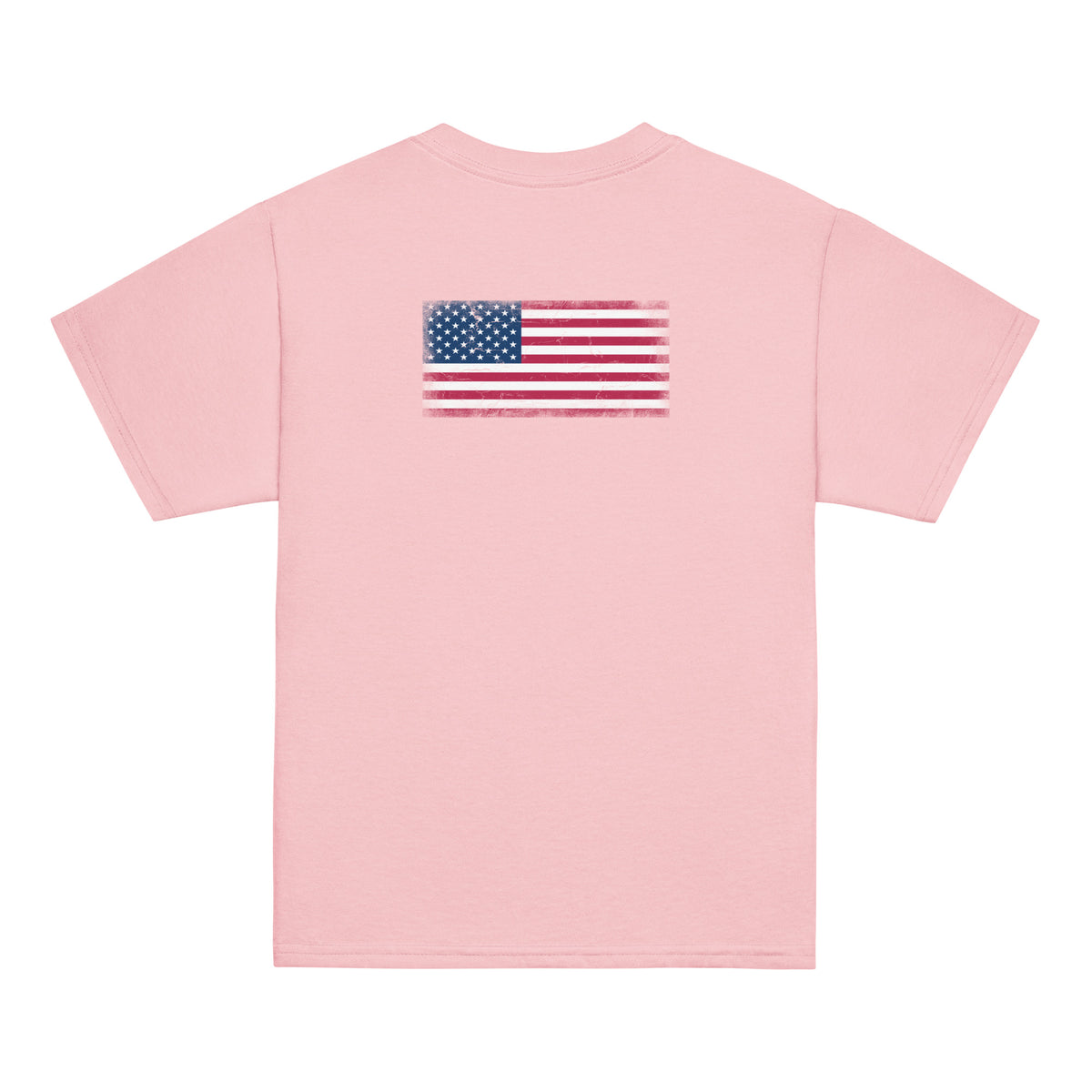 USA flag t-shirt in Light Pink, vintage-washed print, flag across the upper back, kids cut, back view