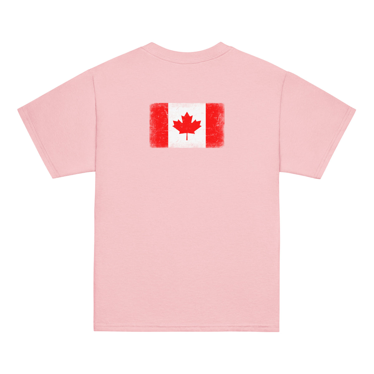 Canada flag t-shirt in Light Pink, vintage-washed print, flag across the upper back, kids cut, back view