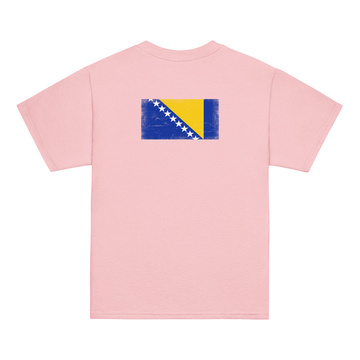 Bosnia and Herzegovina flag t-shirt in Light Pink, vintage-washed print, flag across the upper back, kids cut, back view