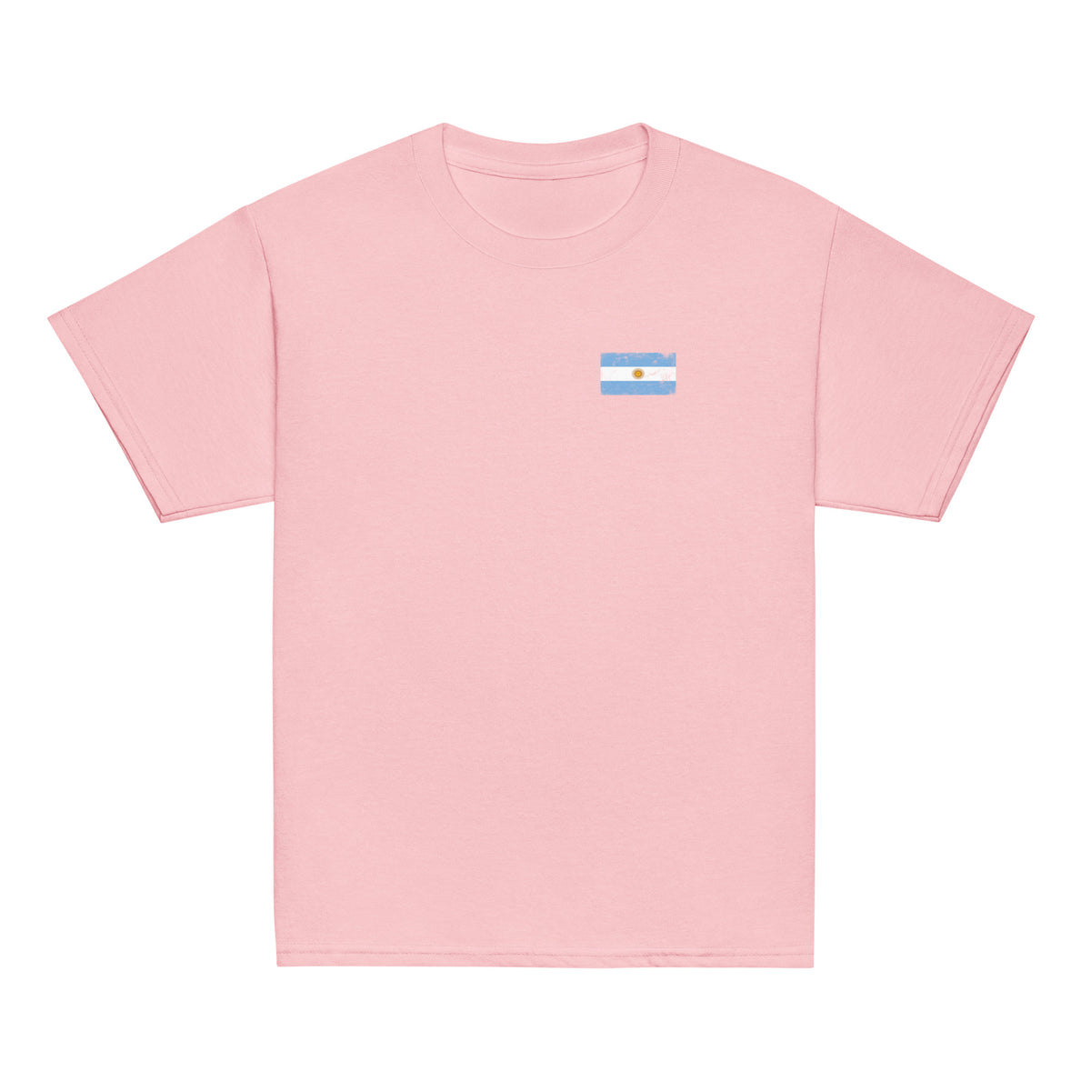 Argentina flag t-shirt in Light Pink, vintage-washed print, small flag on the left chest, kids cut, front view