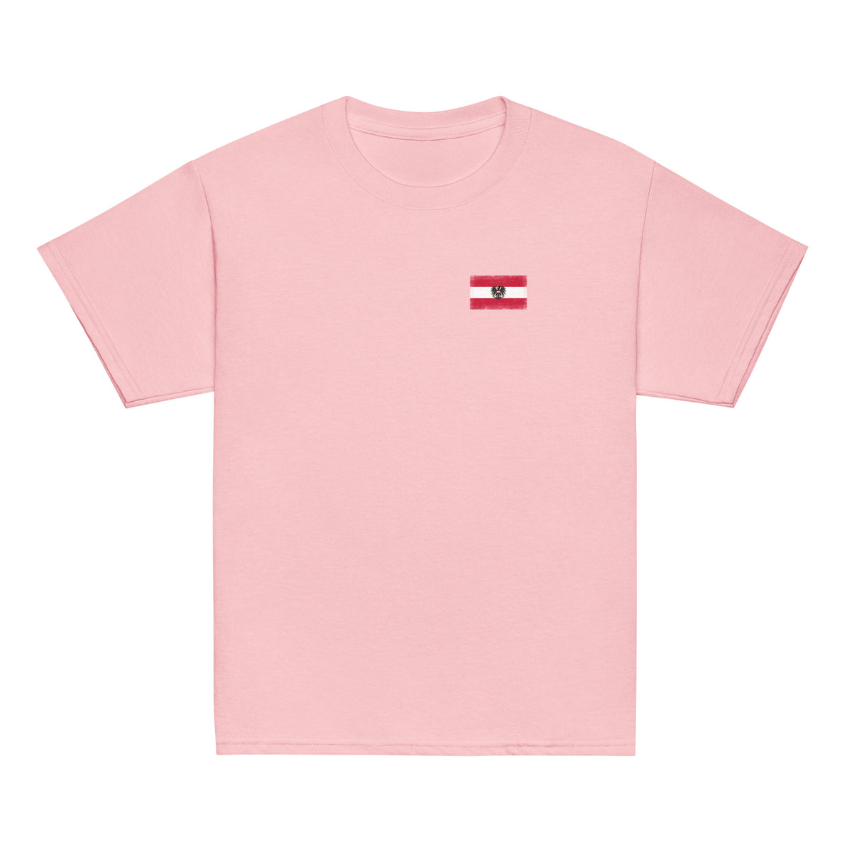 Austria flag t-shirt in Light Pink, vintage-washed print, small flag on the left chest, kids cut, front view