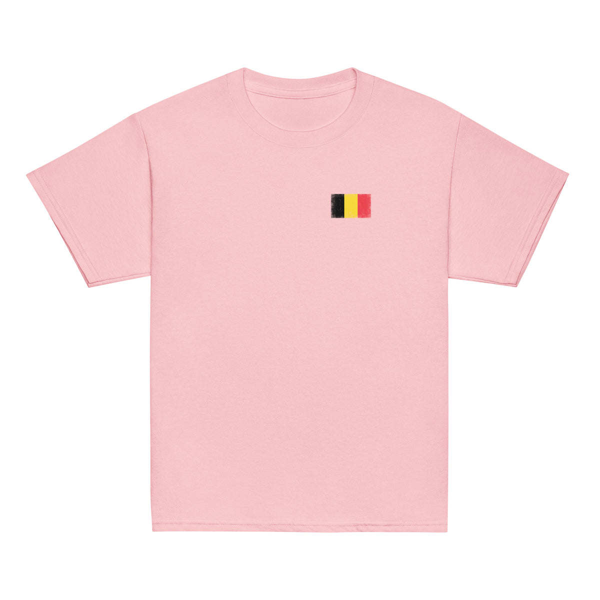 Belgium flag t-shirt in Light Pink, vintage-washed print, small flag on the left chest, kids cut, front view