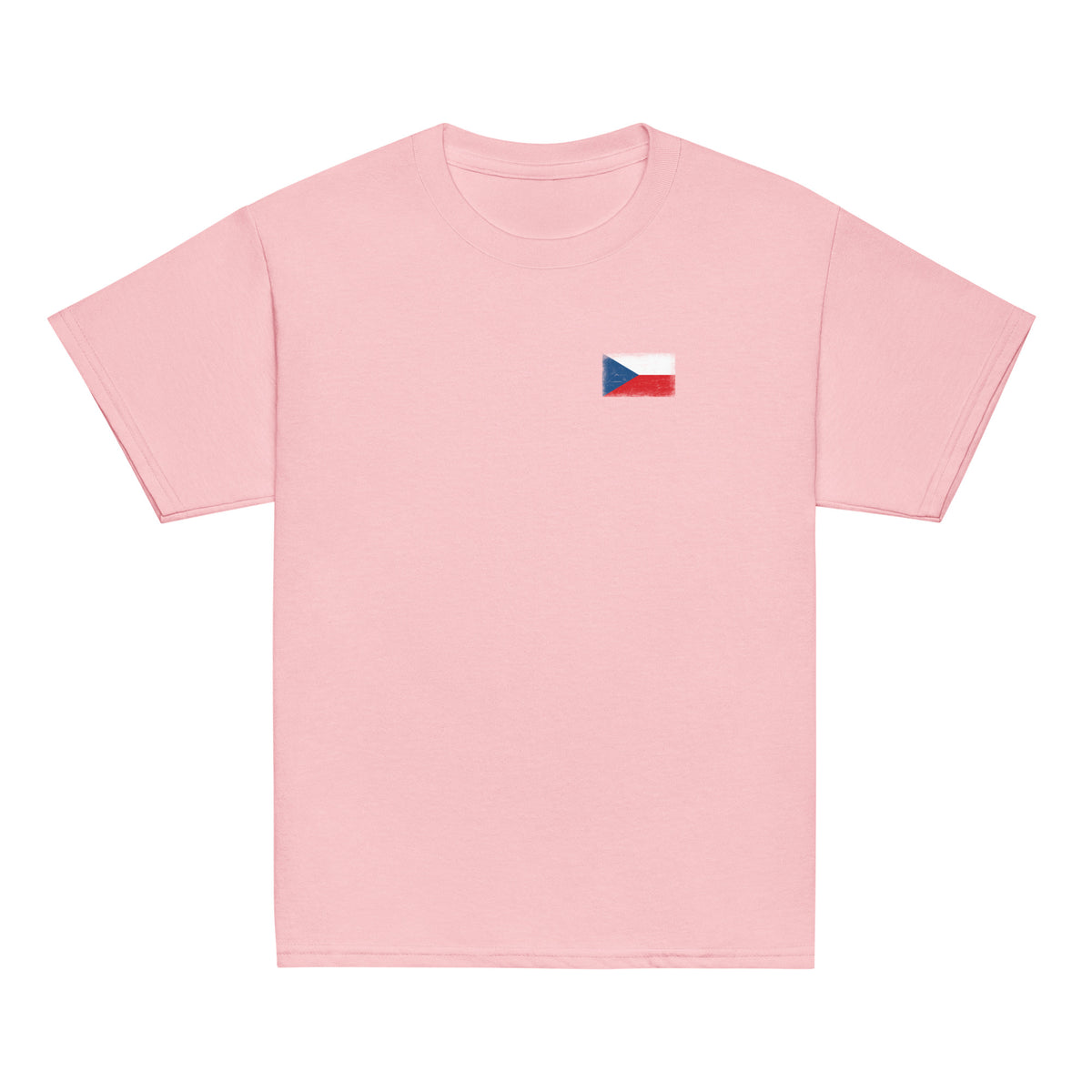 Czechia flag t-shirt in Light Pink, vintage-washed print, small flag on the left chest, kids cut, front view