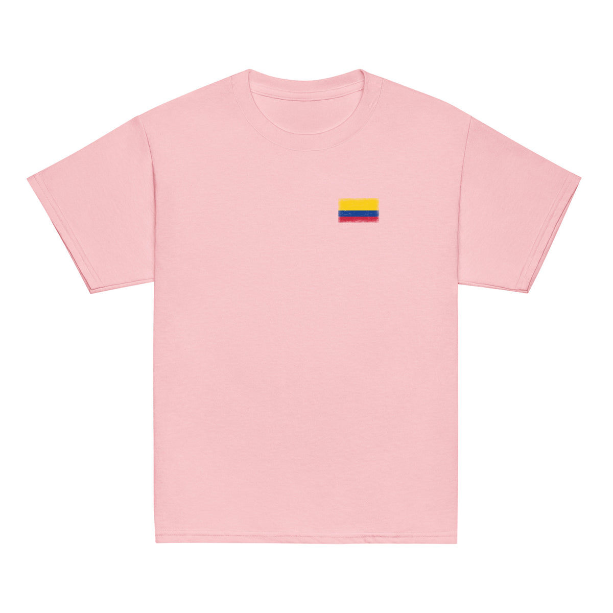 Colombia flag t-shirt in Light Pink, vintage-washed print, small flag on the left chest, kids cut, front view