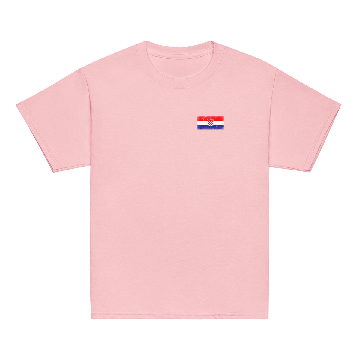 Croatia flag t-shirt in Light Pink, vintage-washed print, small flag on the left chest, kids cut, front view
