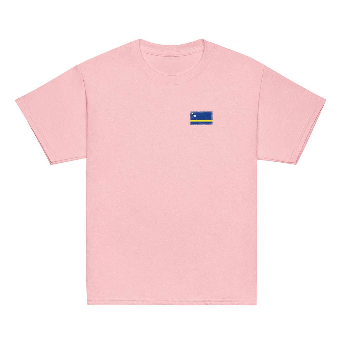 Curaçao flag t-shirt in Light Pink, vintage-washed print, small flag on the left chest, kids cut, front view