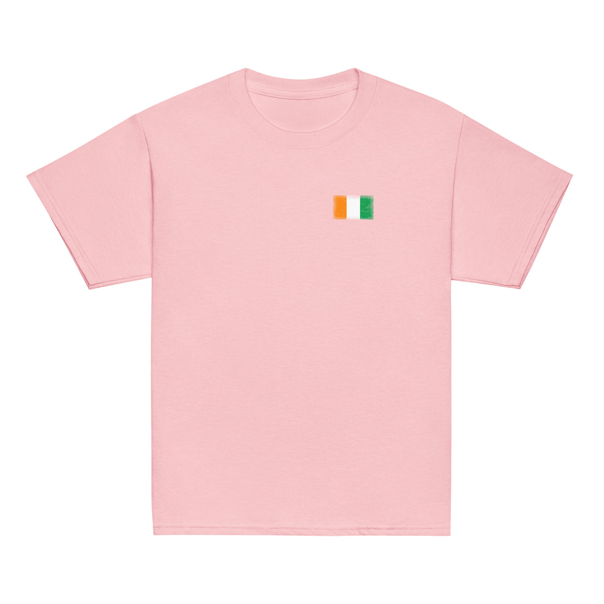 Côte d'Ivoire flag t-shirt in Light Pink, vintage-washed print, small flag on the left chest, kids cut, front view