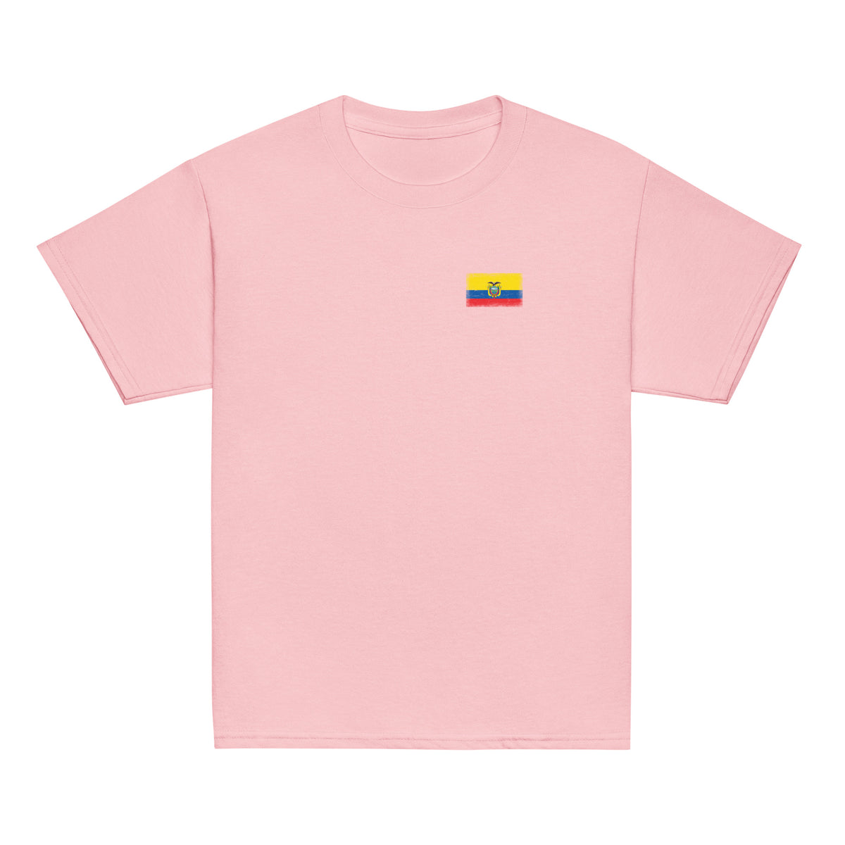 Ecuador flag t-shirt in Light Pink, vintage-washed print, small flag on the left chest, kids cut, front view